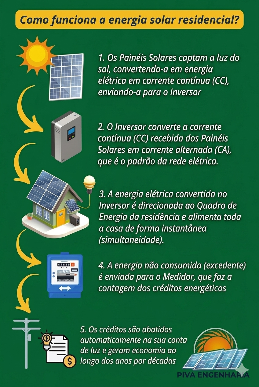 Gráfico explicando o funcionamento do sistema fotovoltaico (Painéis, Inversor, Quadro e Medidor)